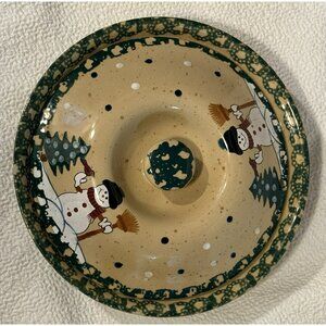 Snowman Christmas covered dish stoneware country primitive rustic winter 9 Inch